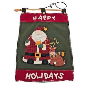 Santa Claus Felt Primitive Folk Handmade Hanging Wall Banner Vtg W/ Rod *READ*